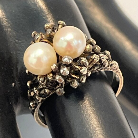 Sterling Silver Gold Plate Joseph Esposito Birds Nest Ring Duo Pearl Sz 6.5 VTG - Picture 4 of 14